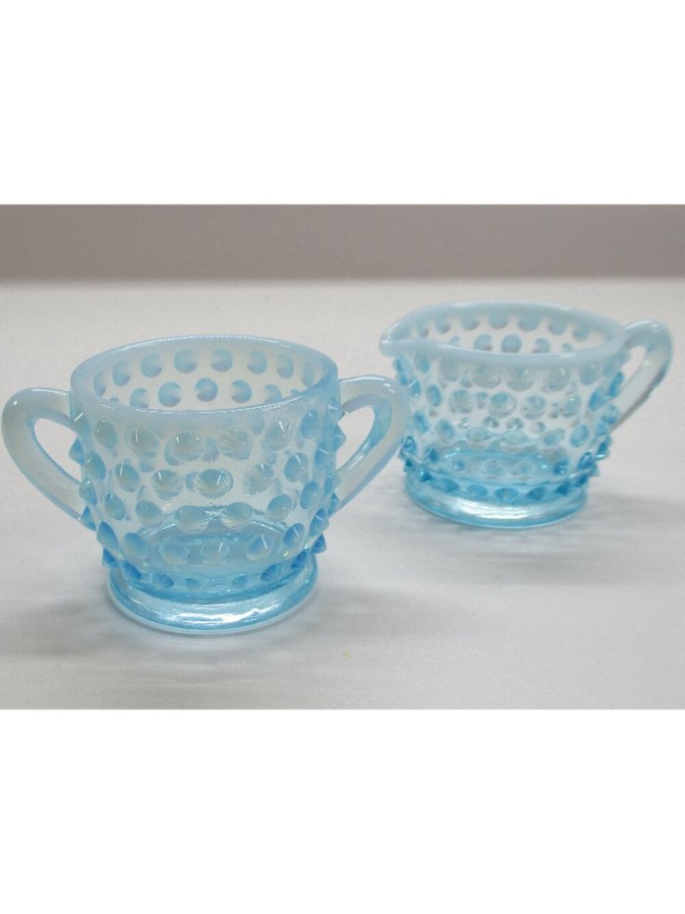 Vtg Blue Mini Fenton Hobnail Cream n Sugar, approx. 2.25 in. h x 2 in. dia.